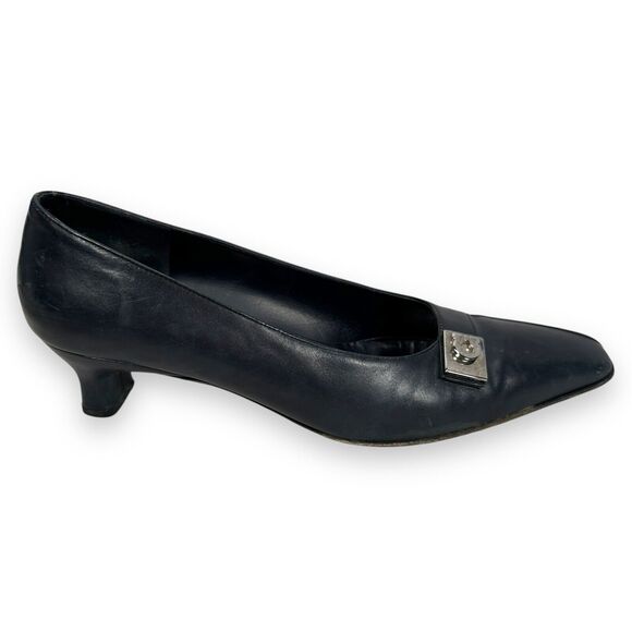 Salvatore Ferragamo Pump Women's 7 B Black Leather Buckle Slip-On Kitten Heels - Picture 1 of 10